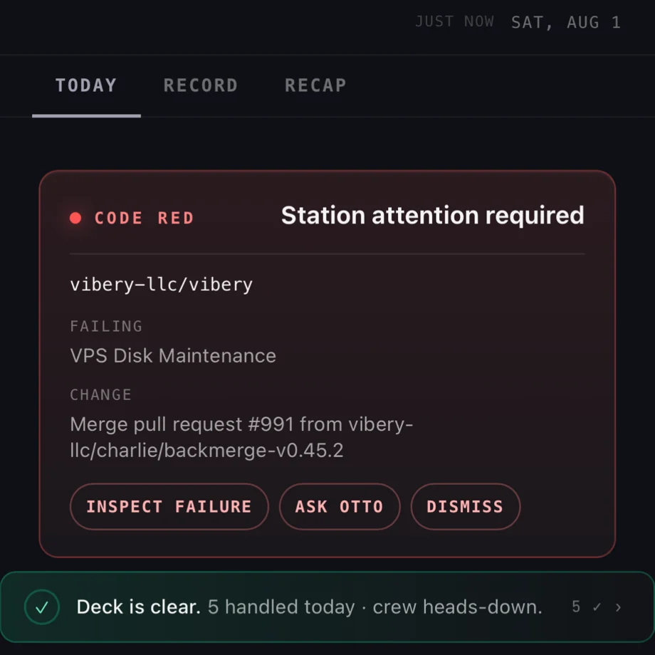 A code red card naming the failing workflow and the change that caused it, above a cleared deck