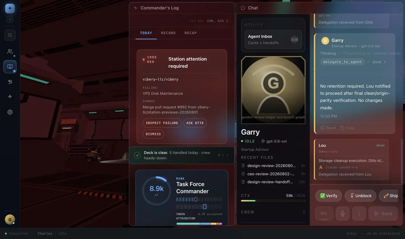 The station rendering behind the Log panels, with the code red styling applied to the UI only