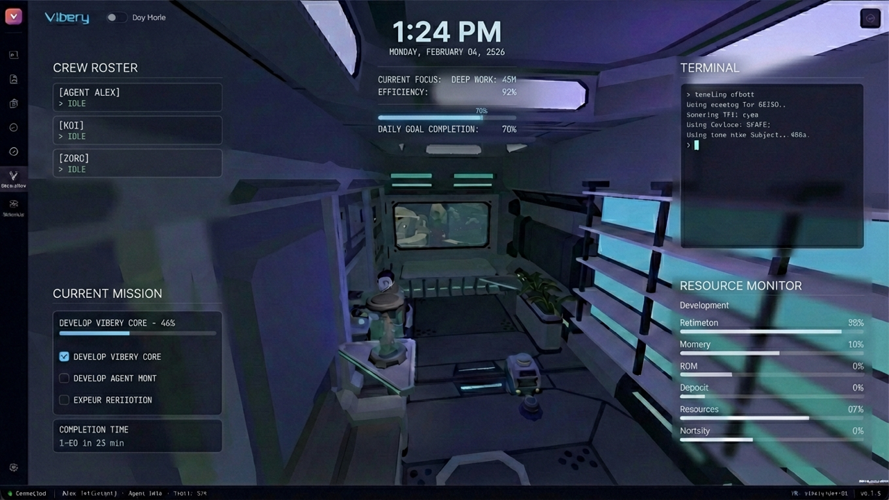 Vibery space station dashboard showing agent status and overnight work